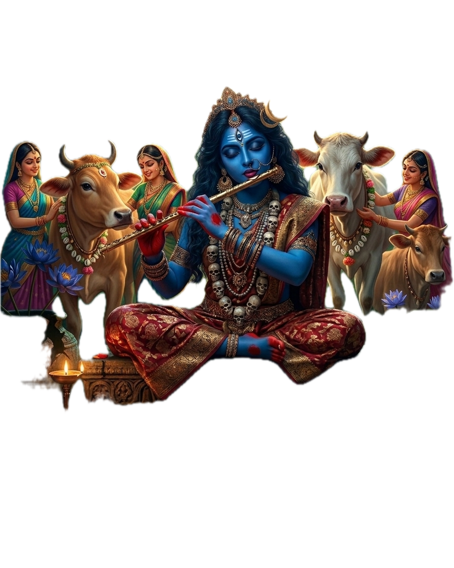 Krishna playing flute, in Shiva-blue with skull mala and crescent moon, surrounded by Shakti devotees and Kamadhenu cows